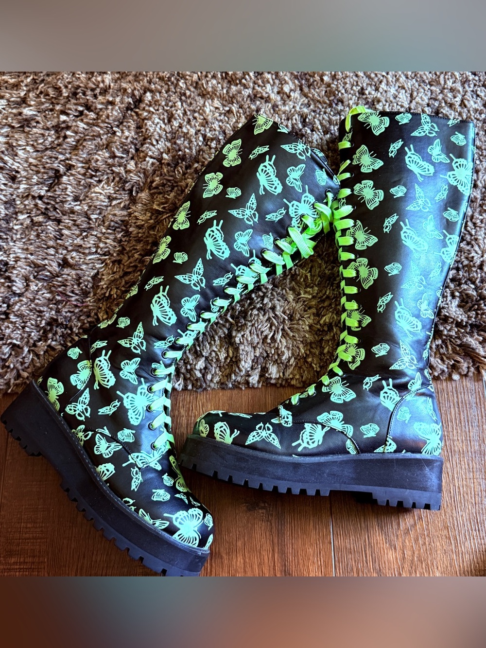 DOLLS KILL CLUB EXXX Glow In The Dark Platform Boots Butterfly Print SZ 9 - Picture 3 of 16